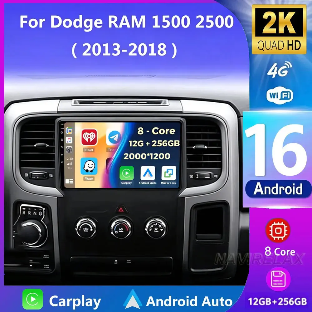 Android 16 Wireless Carplay Autoradio für Dodge Ram 1500 2500 3500 2013 - 2018 Multimedia-Videoplayer 4G WIFI 2DIN QLED BT
