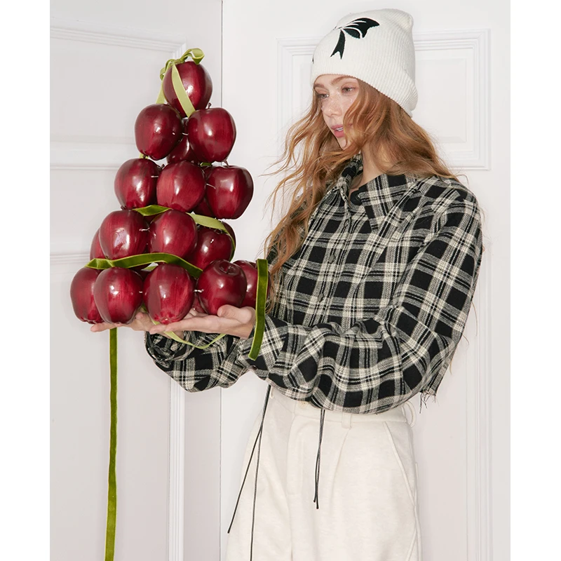 ELFSACK سترة نسائية قصيرة Preppy 2025 خريف شتاء منقوشة ربطة القوس فيونكة كم منتفخ ملابس خارجية غير رسمية حلوة