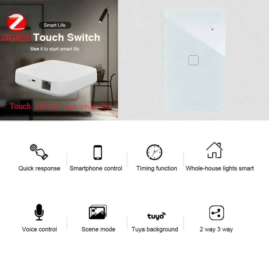 Shawader Smart Zigbee Wall Light Switch Lamp Interruptor Glass Touch Panel 2 Way Wireless Remote Control Tuya Alexa Google Home