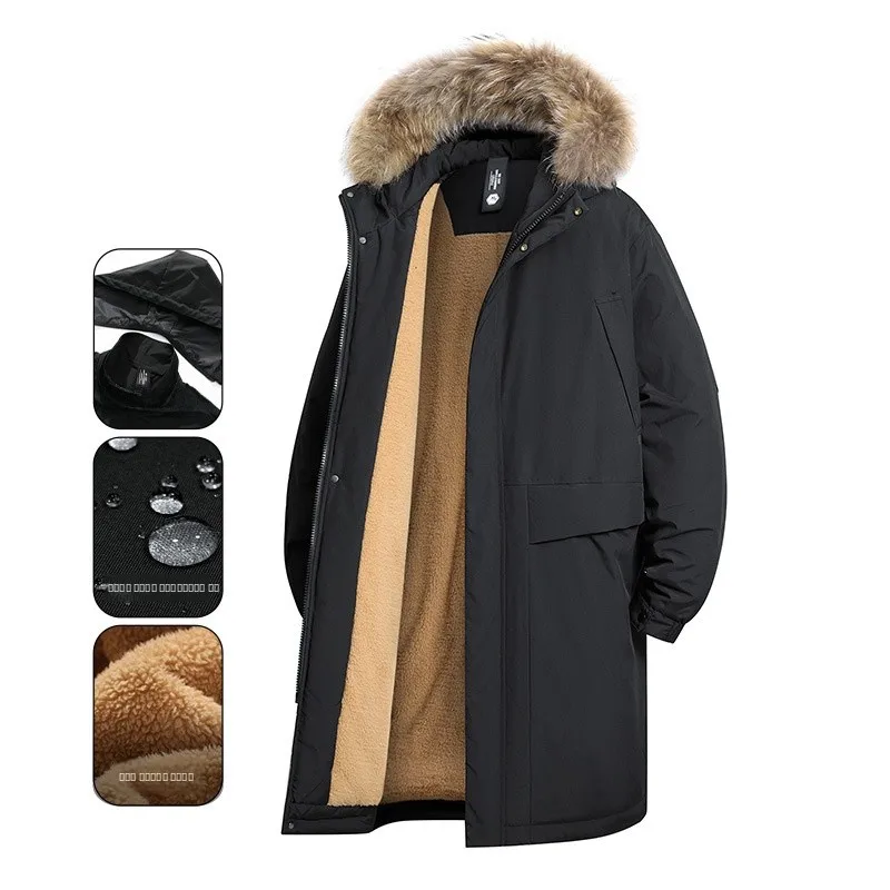 

Thiened Fce Lined Parka Coat for Men with Large Fur Collar Medium Length Faionable Urban Sle Long Polyester Fabric