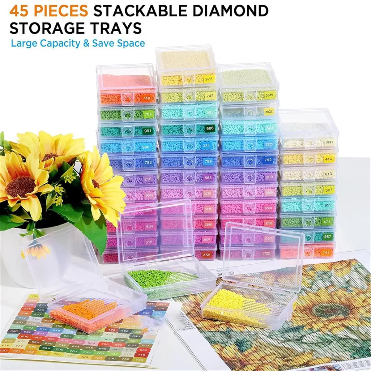 update. 45pcs Stackable Diamond Art Storage Trays, 2-in-1 Diamond Painting Containers Trays with 455 Colors Labels Stickers