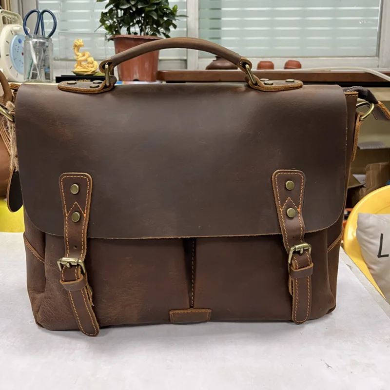 

Genuine Bag Leather Briefcases Men’s Handmade Cowhide Top Layer Single Shoulder Crossbody Carrying Men's Double Pocket Briefcase