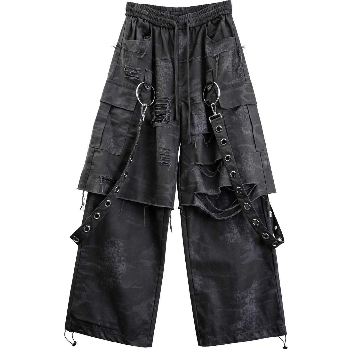 Designer Heavy Industry Ribbon Metal Dark Camouflage Workwear Fake Two-Piece Wide-Leg Pants Cut Hip Hop Mop Trousers Men