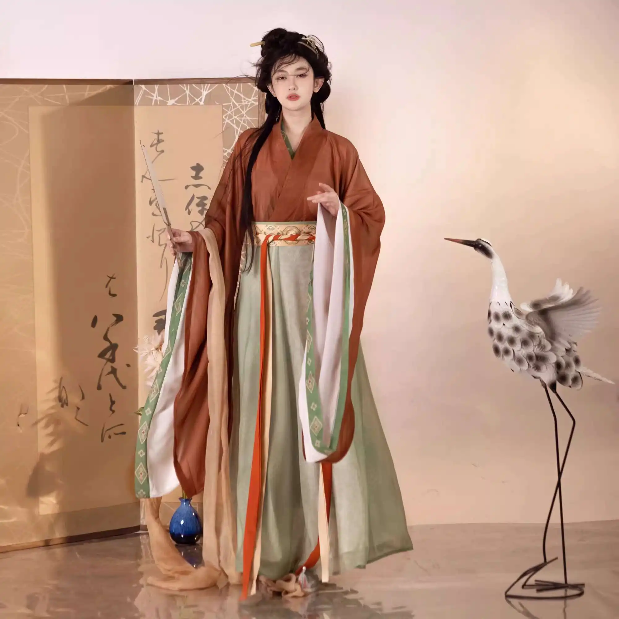 

Lihuage Pavilion Nine Wings Hanfu женский стиль Wei Jin с перекрестным воротником и широкими рукавами на талии юбка с принтом феи повседневный комплект