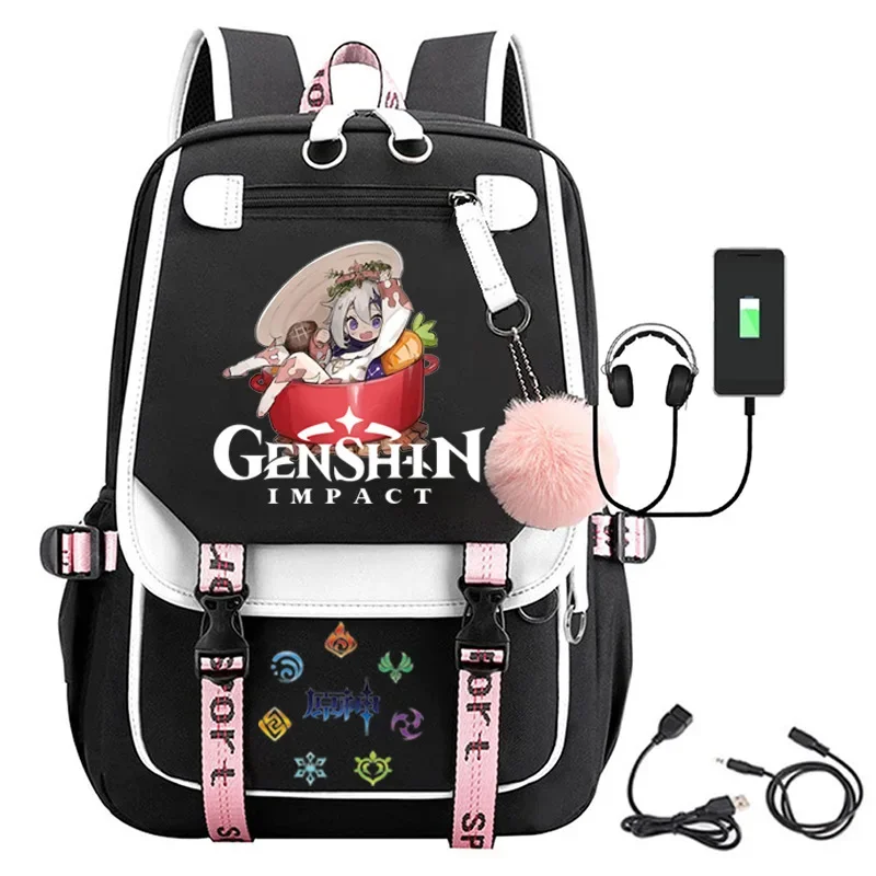 Genshin impact travel backpack cosplay anime Oxford waterproof large capacity laptop backpack Boys Girls black pink schoolbag