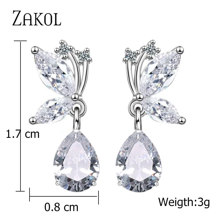 ZAKOL Sweet Korean Butterfly Dangle Earrings with Water Drop Cubic Zirconia For Women Fashion Party Jewelry EP2476