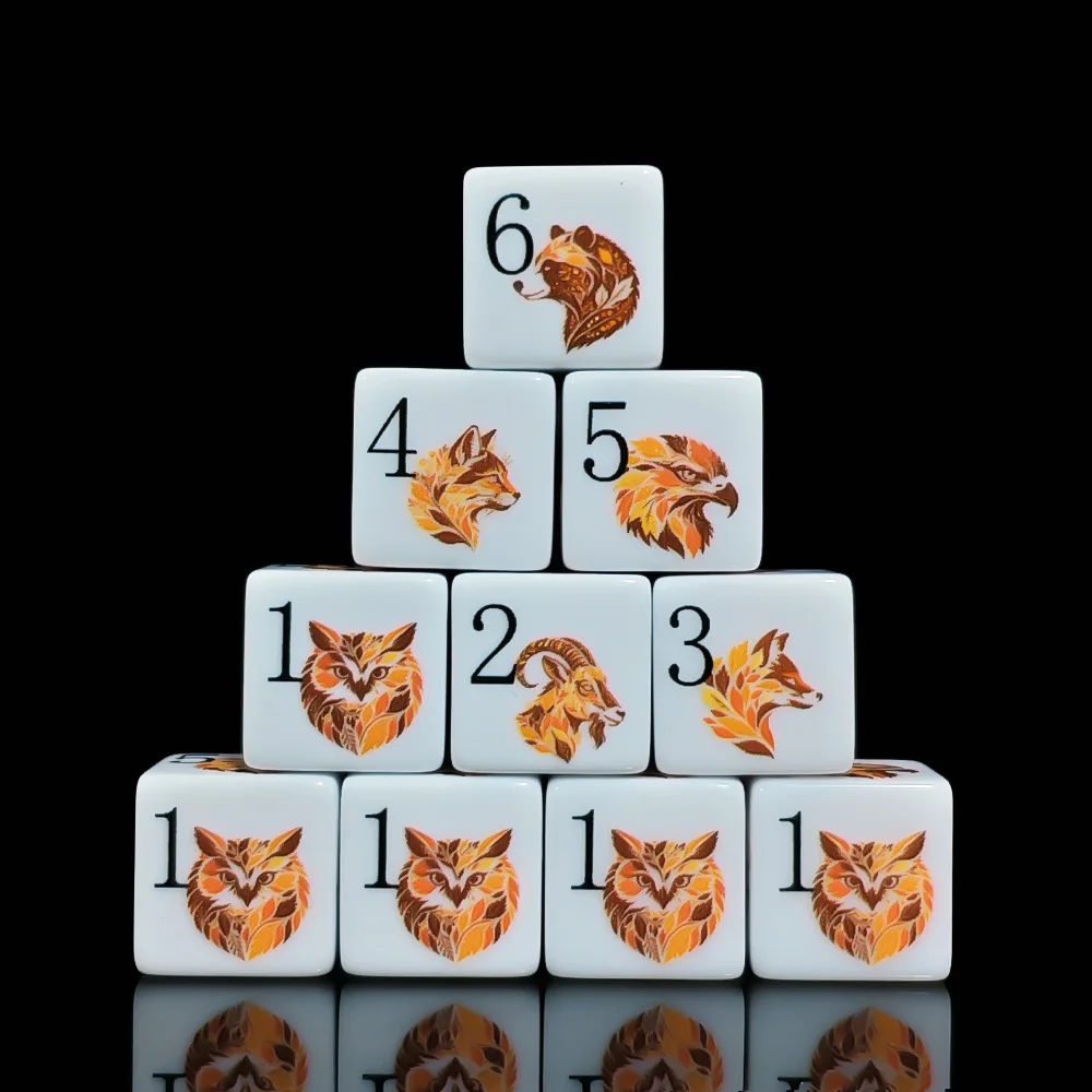 12Pcs 16MM Acrylic D6 Game Dice, Fall Leaf Forest Wildlife Printed Six Sided Cube For Tabletop Gaming