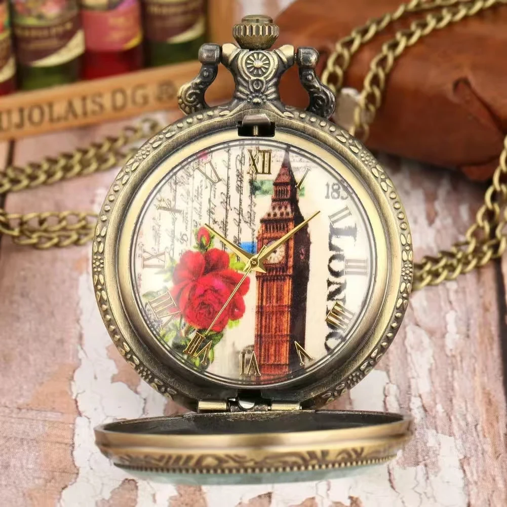 Color transparent flap pocket watch vintage Roman Tower hands necklace watch casual quartz wall watch for male and female studen