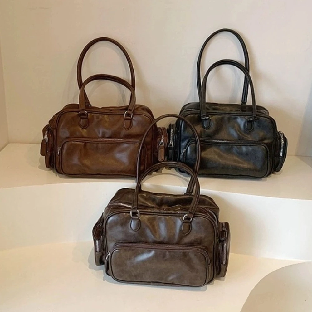 여러 포켓 PU 핸드백 숄더 파우치 토트 스토리지 PU 가죽 숄더 백 한국 스타일 대용량 메신저 백 여성