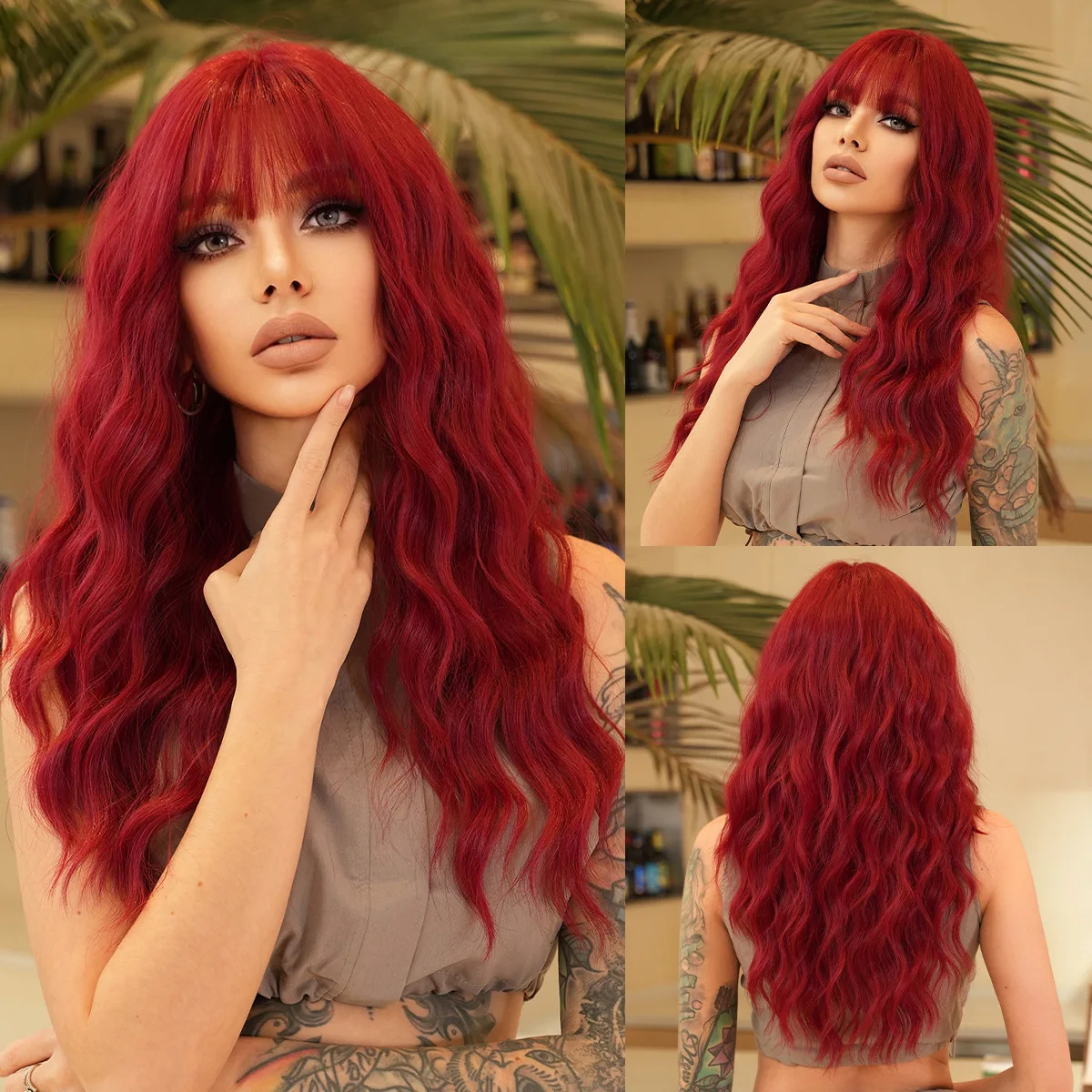 

Ladies charm red wool wig full head Qi Liu Hai wave long vacation hair on behalf of a hair.