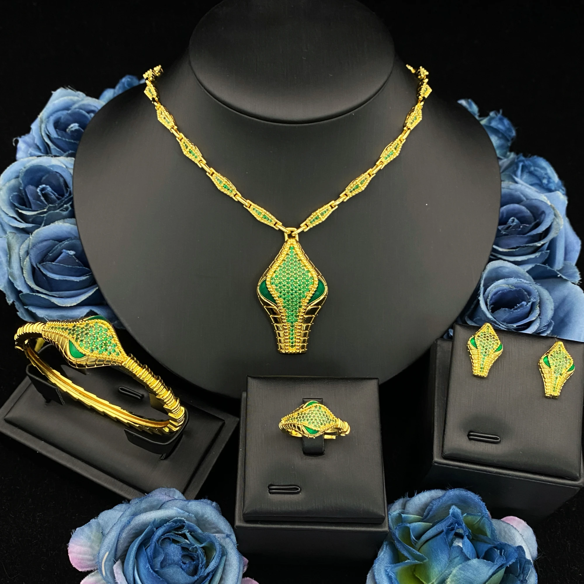 JRH Exquisite Gift 4Pcs Gold Plated Brass Snake Head with Zircon Bracelet Ring Necklace Earrings High Quality Women's Jewelry