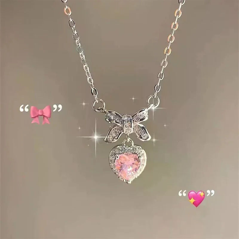 Crystal Zircon Bowknot Heart Pendant Necklaces Pink Heart Ladies Girls Fashion Elegant Clavicle Chain For Women Jewelry