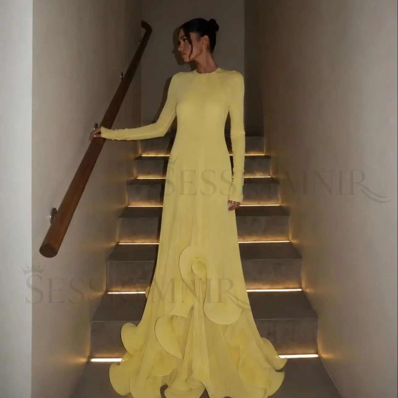 SESSRYMNIR Women'S Formal Evening Gowns Customize Scoop Neckline A-Line Yellow Evening Dresses Long Sleeves Floor-Length Elegant