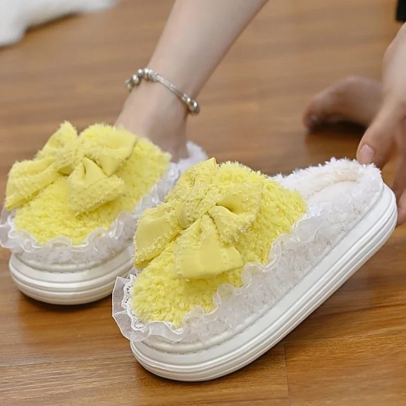 

Women's New Thick Sole Autumn Winter 2025 Home Anti Slip Indoor Couples Warm Plush Bow Knot Slippers for Postpartum