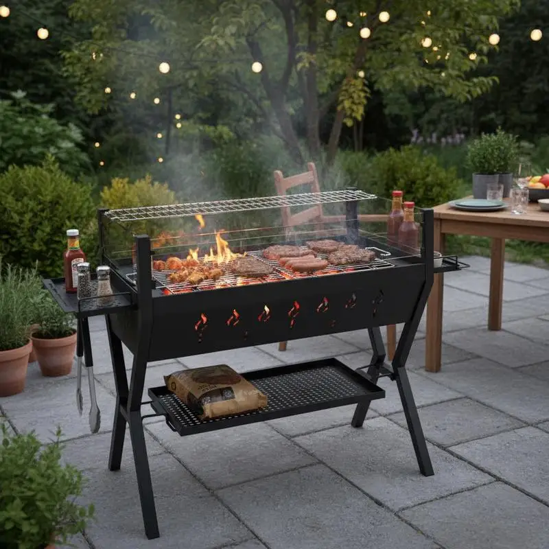 Grill. Ein Holzkohlegrill mit Windschutz und Gewürzregal, perfekt für Familienfeiern im Garten und auf der Terrasse - Schwarz.