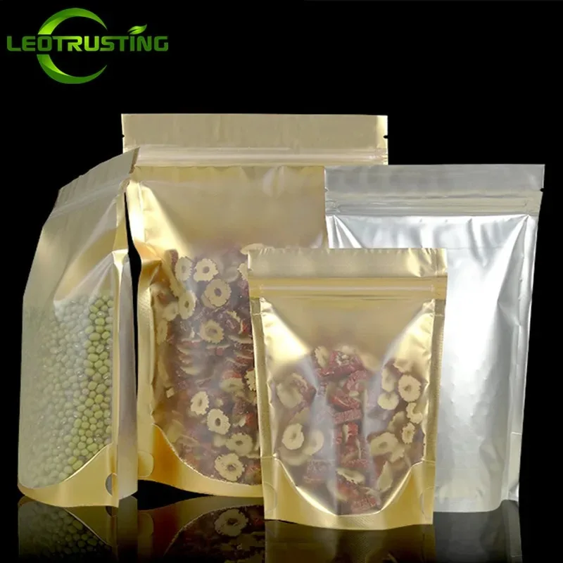100pcs Stand-Up Gold Foil Zip Bags - One Side Clear Window Resealable Pouches for Coffee Party Favors (Aluminum Lined, Airtight)