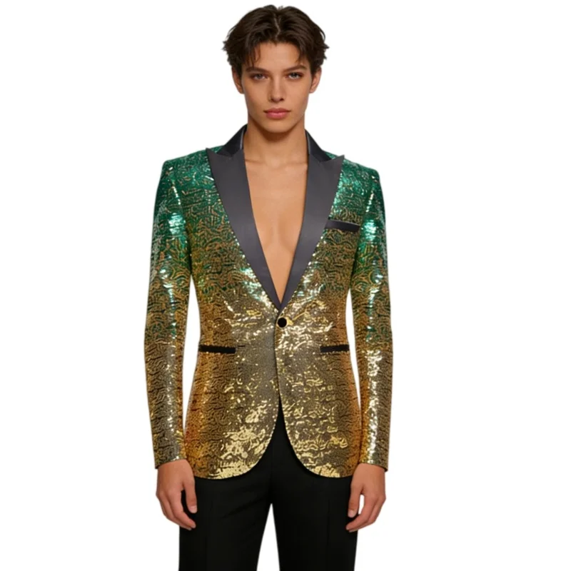 

Мужской свадебный костюм в британском стиле: блестящий золотисто-черный пиджак и брюки с пайетками для певцов, ведущих, вечерних мероприятий и банкетов