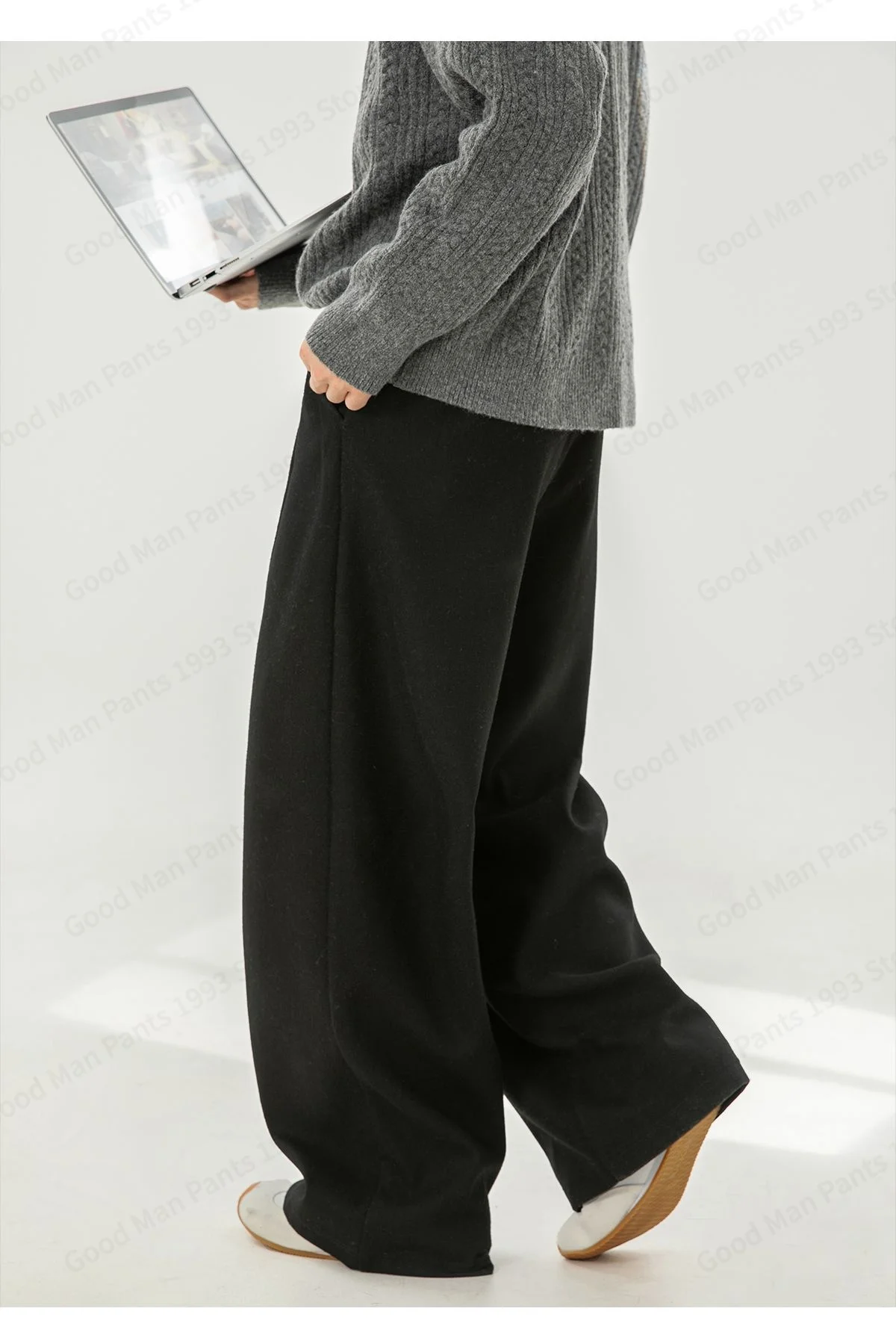 Herbst- und Winter-Herrenhose aus schwerer, strukturierter Wolle mit geradem Bein, locker gefaltet, Y2K Koreanische Baggy Casual Hose – Detail 18