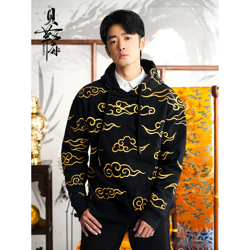 Chinese Style Sweatshirt Men Gold Moir Embroidery Hooded Fall And Winter Pullover New Plus Size