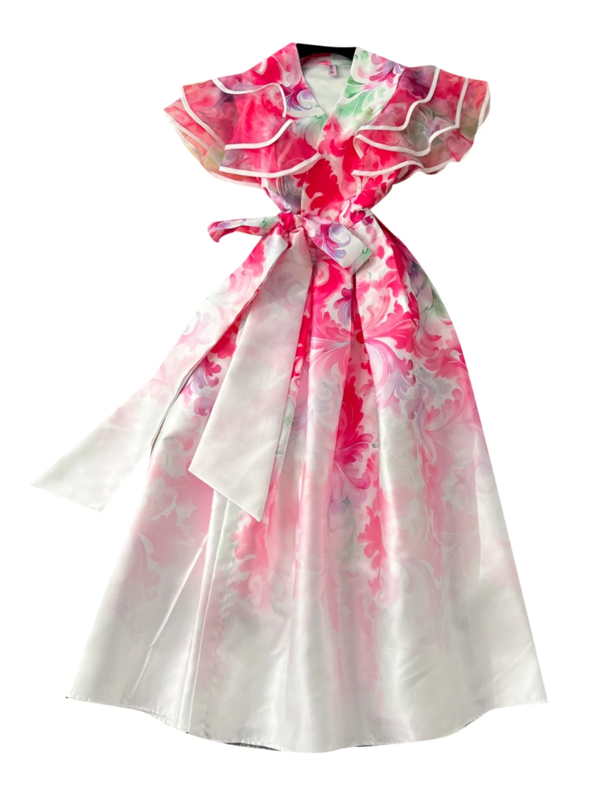 Faionable V-Ausschnitt Plissee Svel Schlankheitsdruck Maxirock Dr Court Sle Damen Hohe Taille A-Linie Dr Koreanische Version