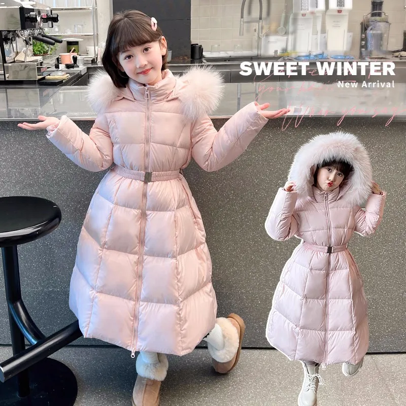 

Winter Warm Girls Plain X-Long Waist-Slimming Hooded Zip Puffer Jackets School Kid Thick Coat Children Outfit Windbreaker 5-16Yr