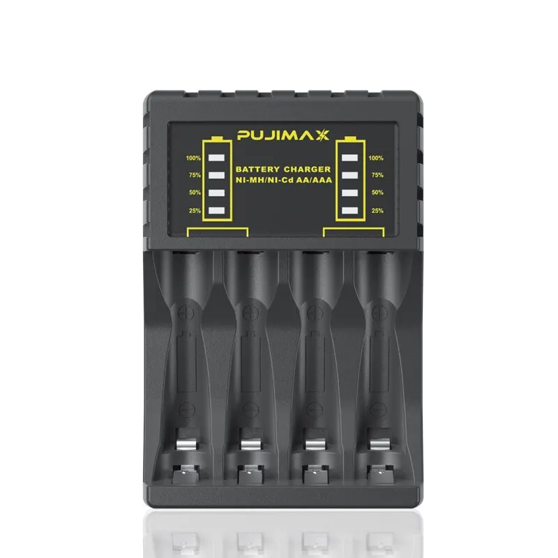 PUJIMAX 4 Slots Intelligent Ni-Mh Battery Charger for Rechargeable 1.2V AA Ni-MH Battery with USB Output Power and LED Display