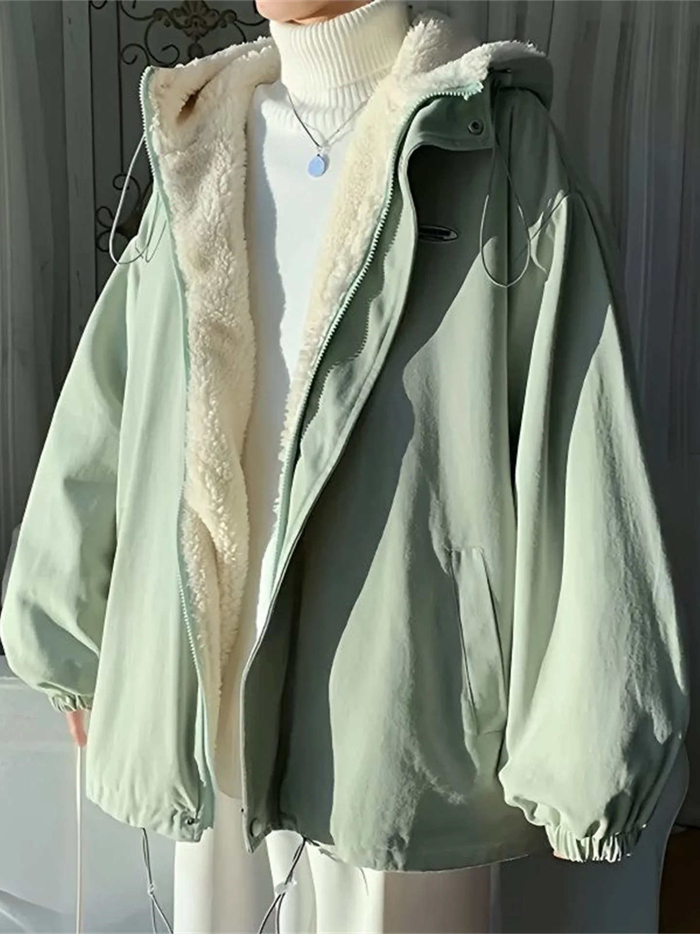 

Lamb Fur Jacket Women's Korean Style Loose Workwear Hong Kong Style Hooded Japanese Style Cotton Jacket Fleece Lined Thickened