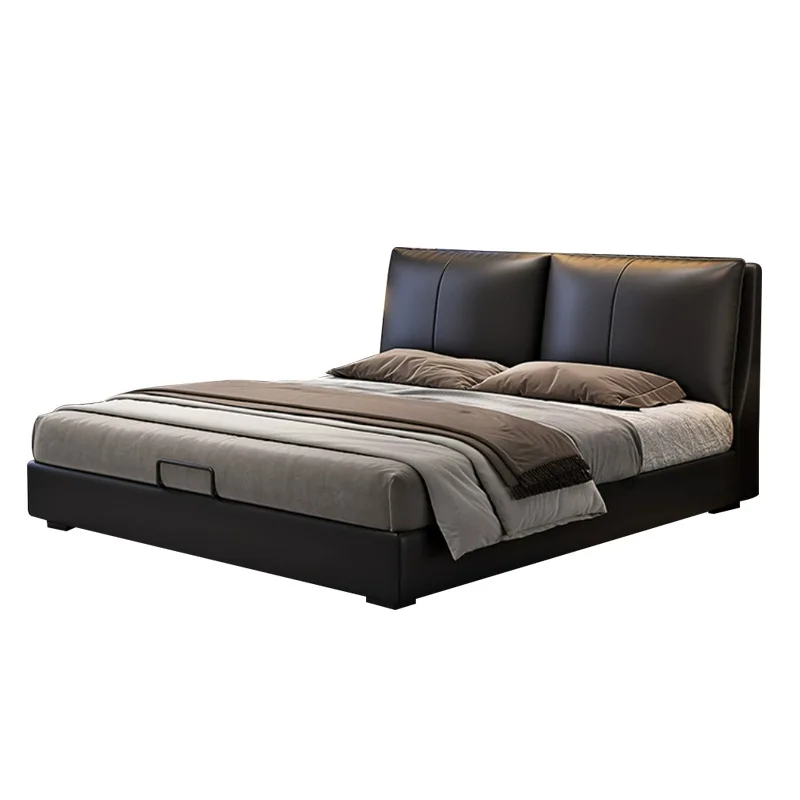 

Italian minimalist leather bed, small apartment modern master bedroom first layer cowhide soft bag double bed
