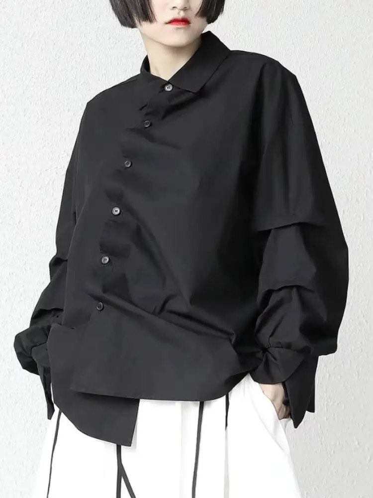 السيدات قميص طويل الأكمام الربيع والخريف جديد غير النظامية شخصية حبل تصميم موضة فضفاضة قميص حجم كبير غير رسمي