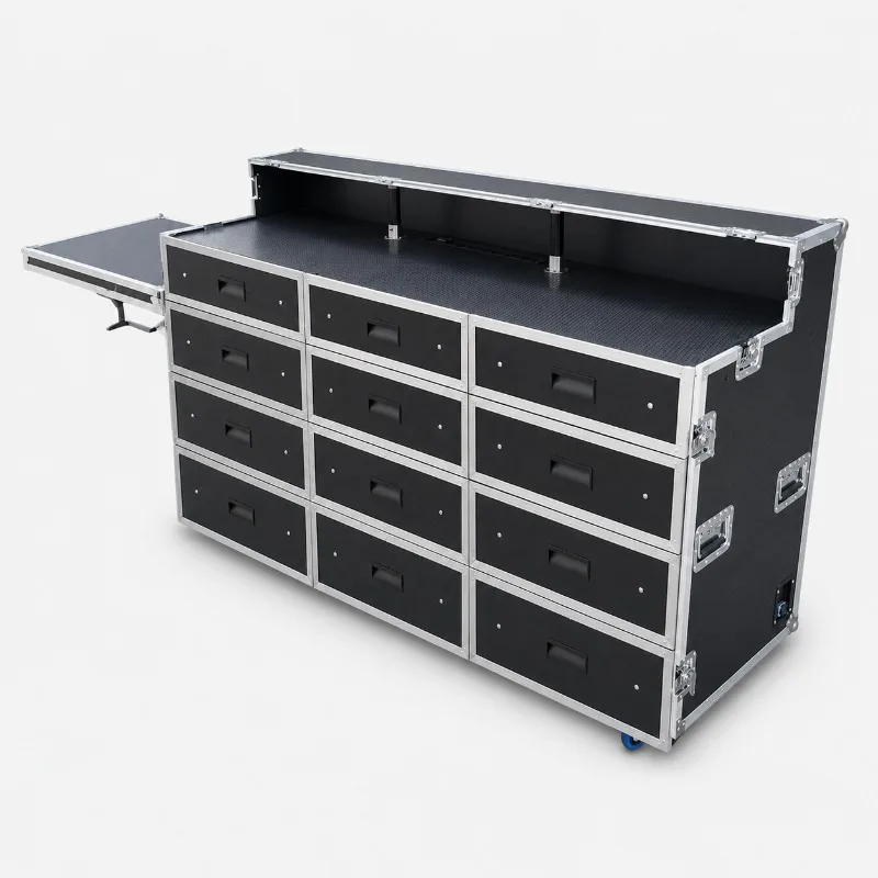 Portable Mobile 11 Drawer Trunk Tool Flight Case with Side Table and Power Socket