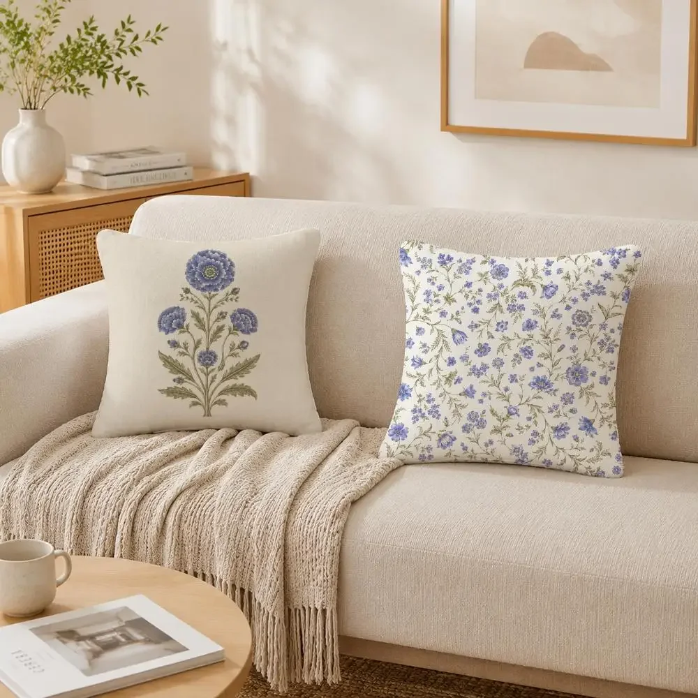 Flora Blue Zinnia Block Print Pillow Case Double-Sided Plush Sofa Cushion Covers Organic Breathable Invisible Zipper