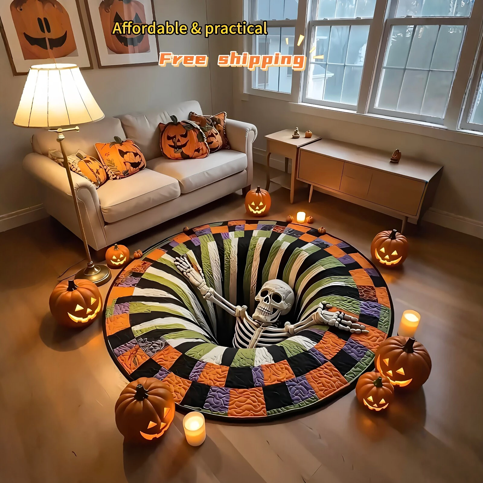 3D Visual Vortex Ghost Print Round Rug, Non Slip Waterproof Floor Mat, Halloween Spiral Optical Illusion Carpet Home Party Decor