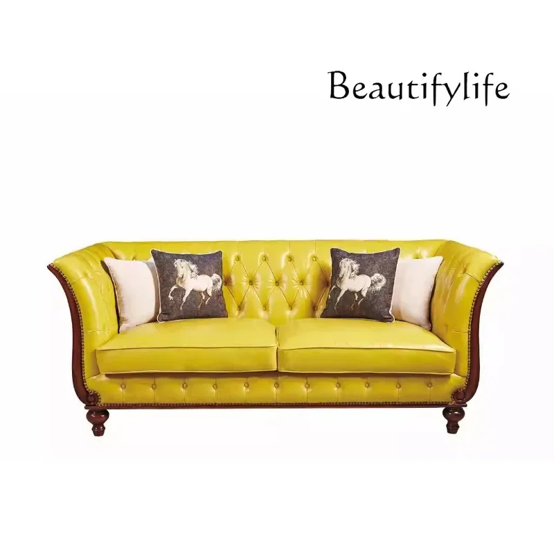 M American Sofa, Beech Solid Wood Lemon Yellow Top Leather Combination Sofa Hotel Lobby Sofa