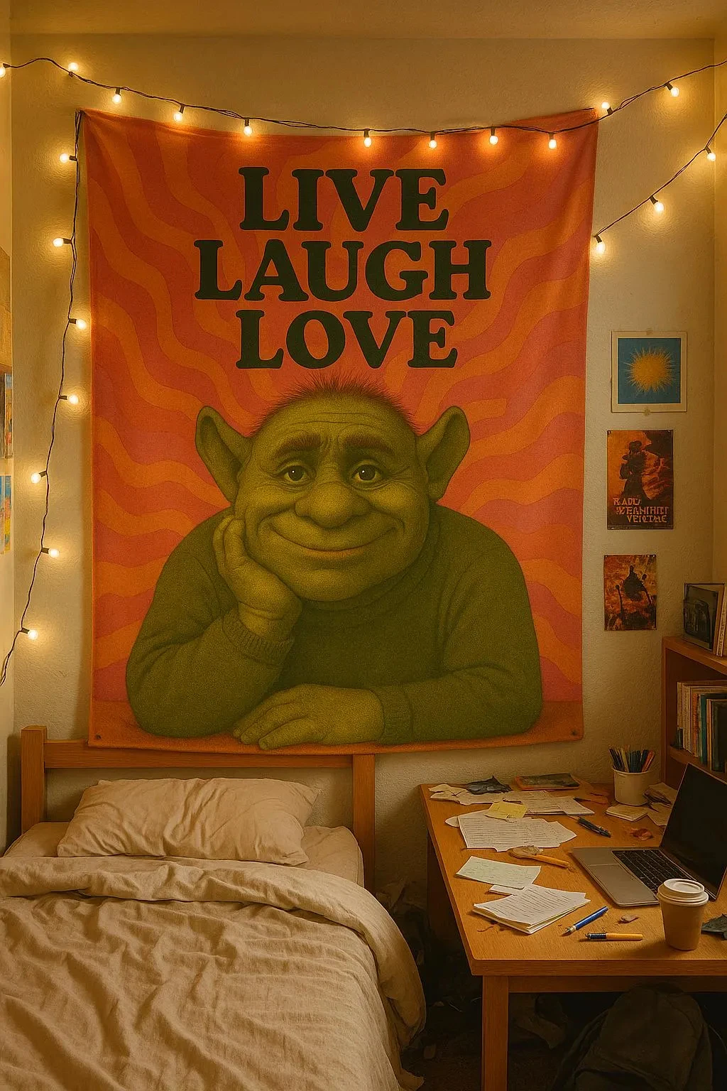 Funny Green Troll Tapestry: Live Laugh Love Retro Dorm Decor