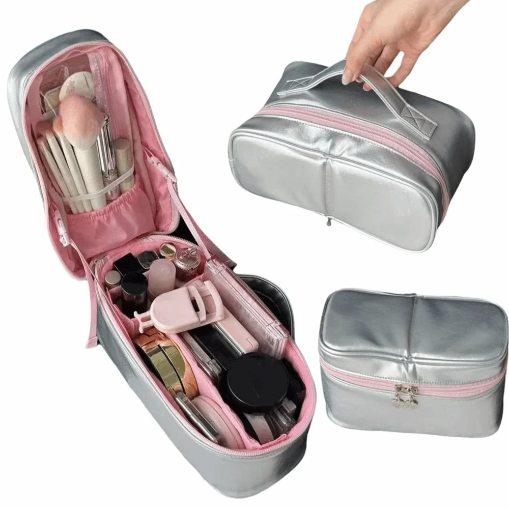 PU Leather Silver Makeup Bag Multi-functional Detachable Cosmetic Storage Pouch with Handle Large Capacity