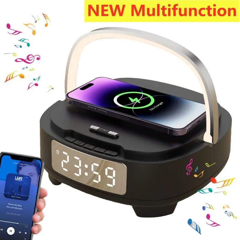 Multifunctional Wireless Charger Pad Stand Alarm Clock Speaker LED Light 15W Fast Charging Station for iPhone Samsung Xiaomi LG