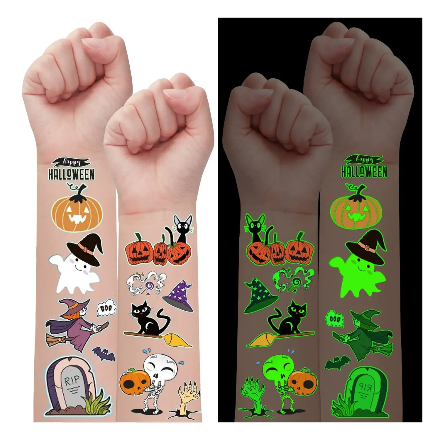 Tatuajes Temporales luminosos para Halloween, 12 hojas, decoraciones brillantes para Halloween, suministros para favores de fiesta de cumpleaños, tatuajes falsos