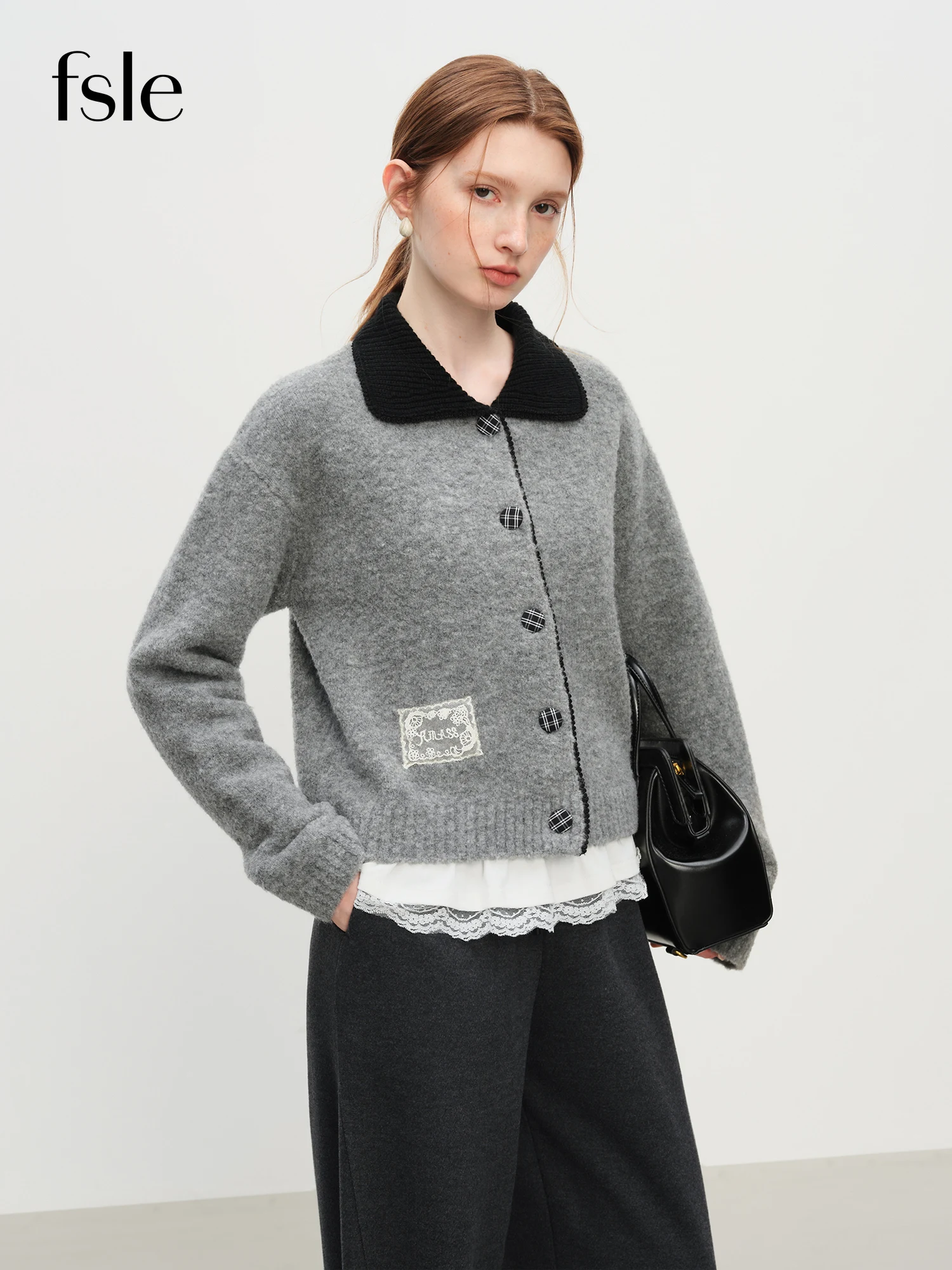 

FSLE Winter 2025 Women's Preppy Style Color Block Knit Cardigan - Sweet Peter Pan Collar Casual Coatigan with Vintage Inspired