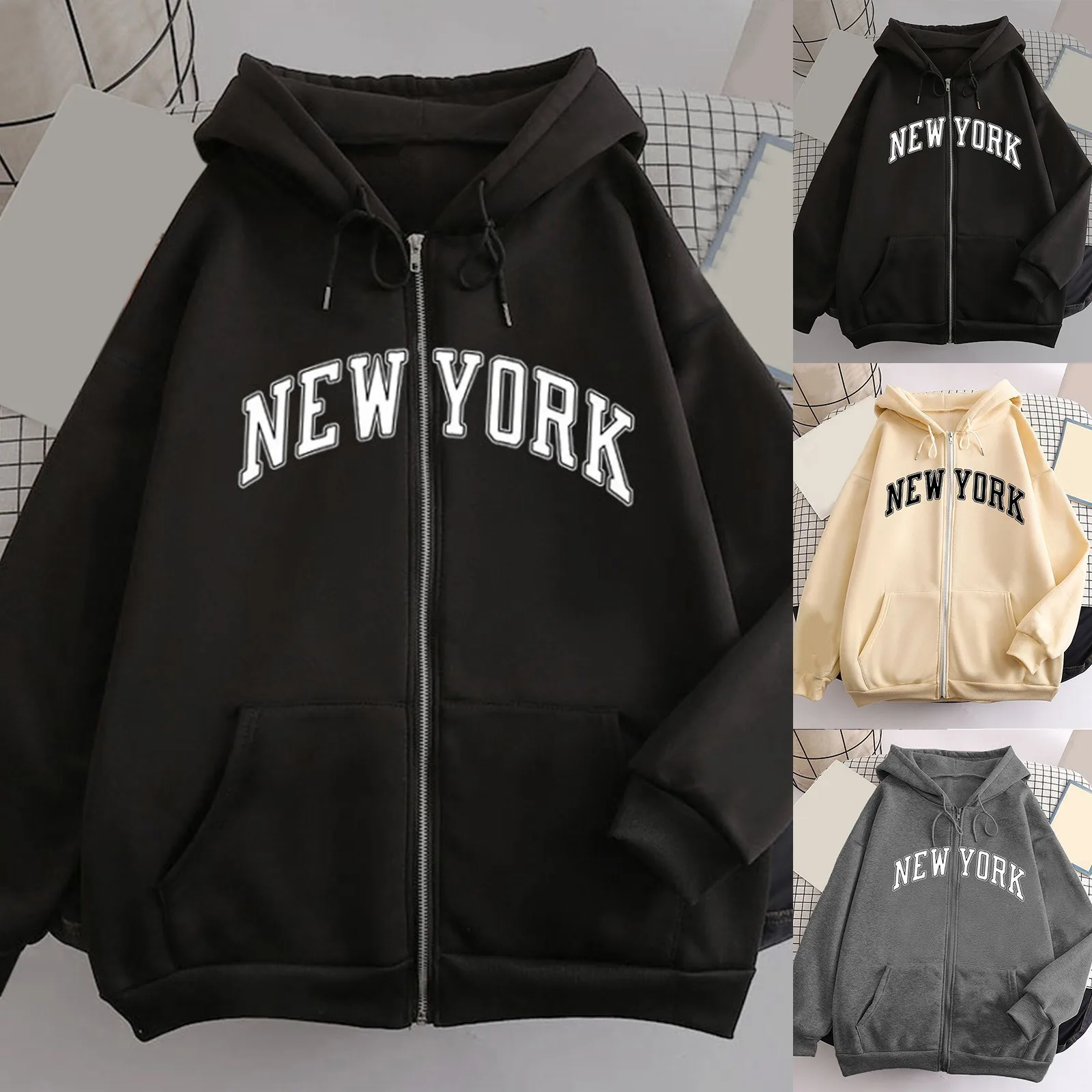 NEW YORK Letter Print Zip up Harajuku Hoodies Jacket Women Casual Oversized Sweatshirt Female Streetwear Pockets Hooded Coats