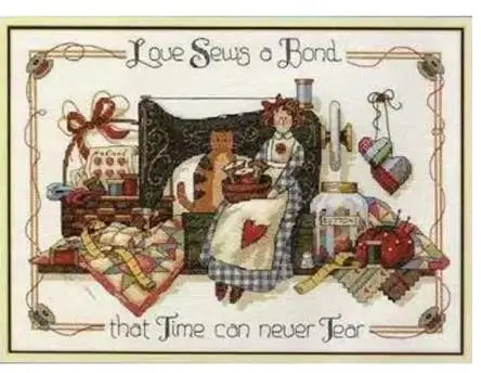 

Counted Cross Stitch Kit, Love Sews A Bond Sewing, Sew Girl, Maid and Cat Kitten Kitty Dim 13624, Gold Collection 42x33