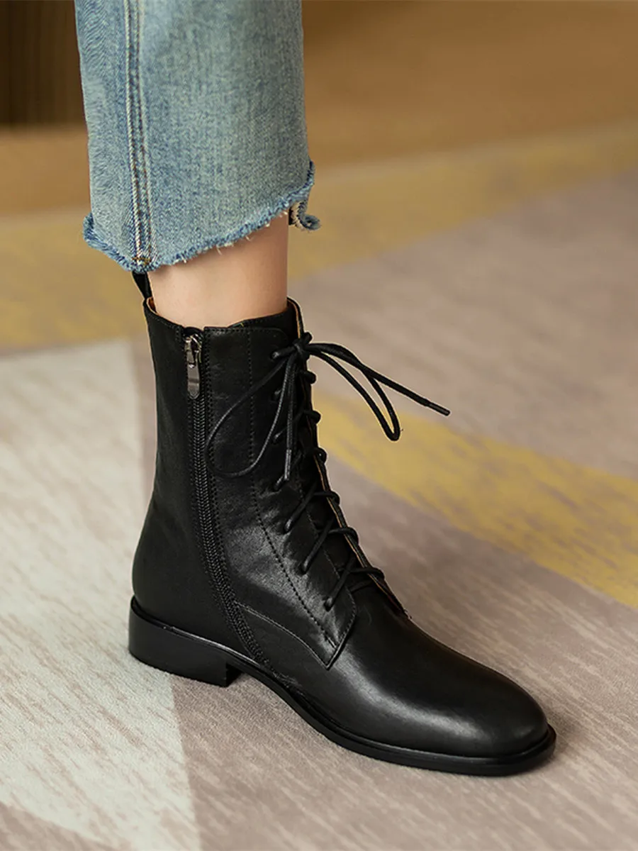 

Leather Low Heel Boots Women's Autumn Winter Sle Lace up Side Zip Flat round Head Versatile Thi Heel ort Boots