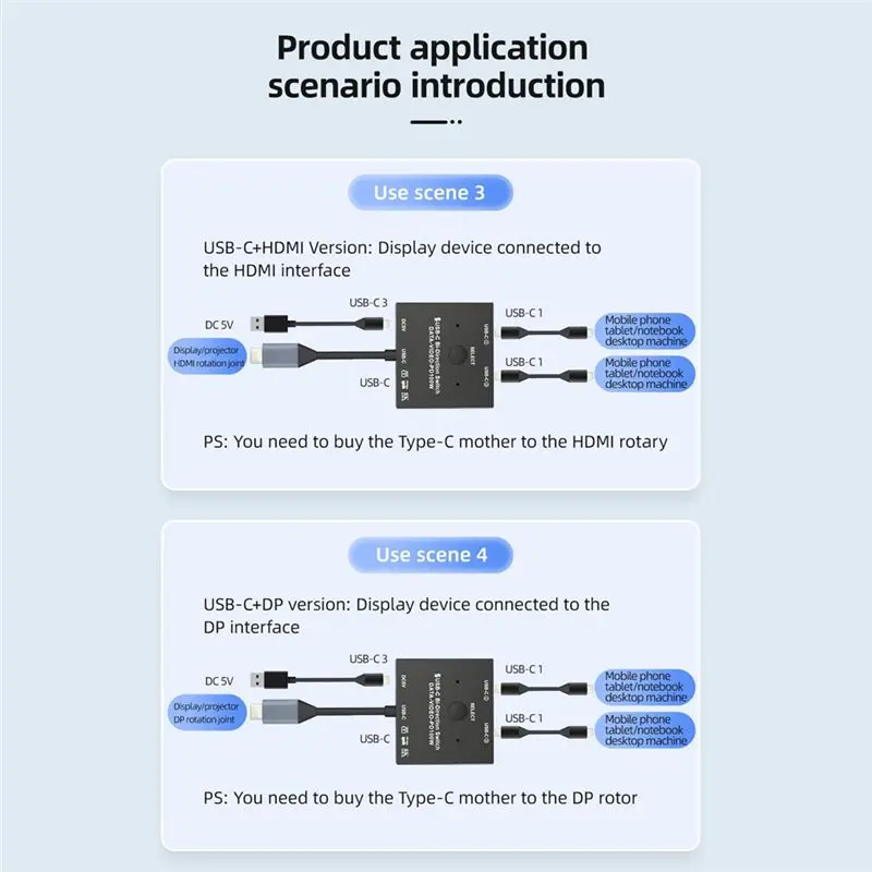 AS95 2 Port Bi-Directional USB C KVM Switch, 1x2/2x1 KVM Switch for Laptops Monitor, 100W Charging+10Gbps Data+8K Video