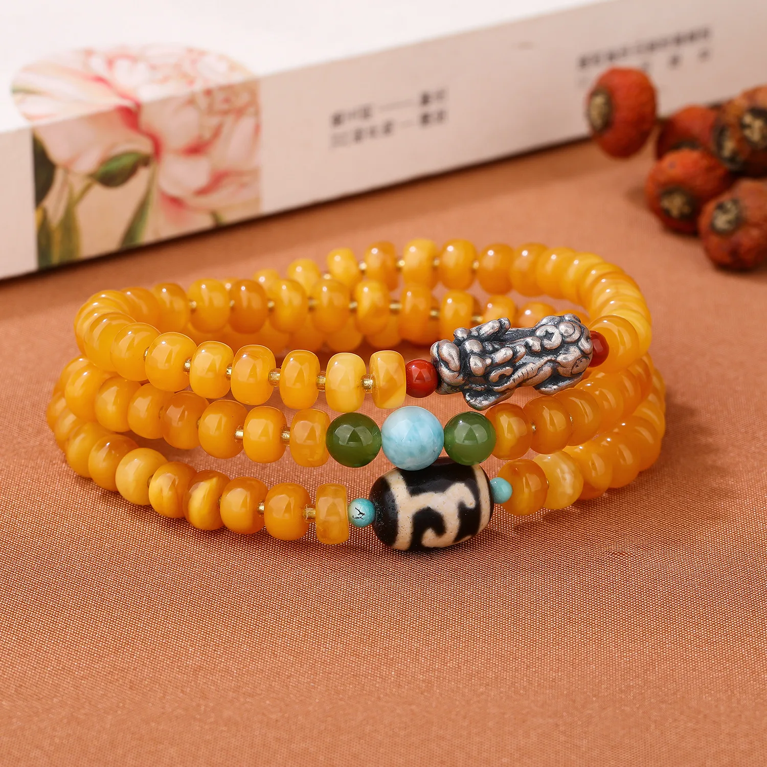 Chinese Style Natural Beeswax Triple Circle Bracelet Beeswax Shouchun Bracelet Agate Tianzhu Attracting Fortune Accessories