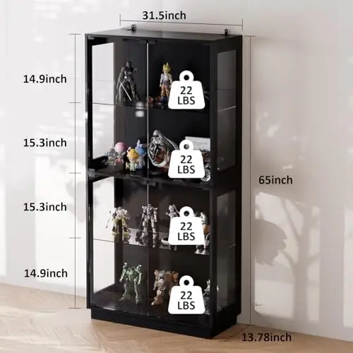 Display Cabinet with Glass Doors 4 Tier Glass Display Case with RGB LED Lights Display Cases for Collectibles