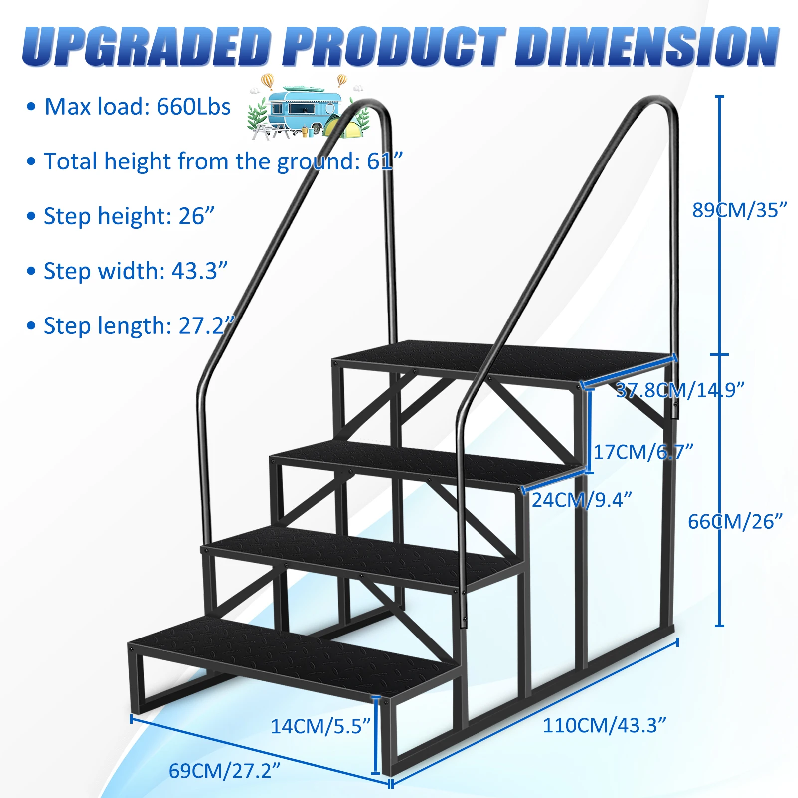 RV-opstapkruk, 4-traps ladder, hot tub-trappen met leuning, draagbare zwembadladder, 660 lbs zware ladderplank buiten