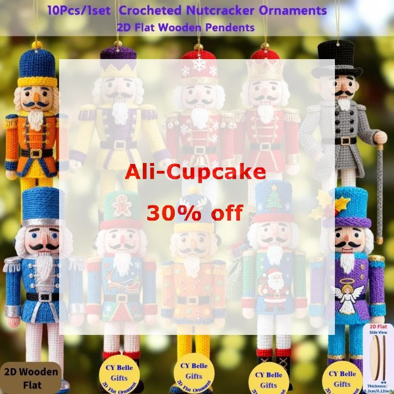 10Pcs Crocheted Nutcracker Ornaments With 2D Flat Wooden Base For Christmas Holiday Party Decoration