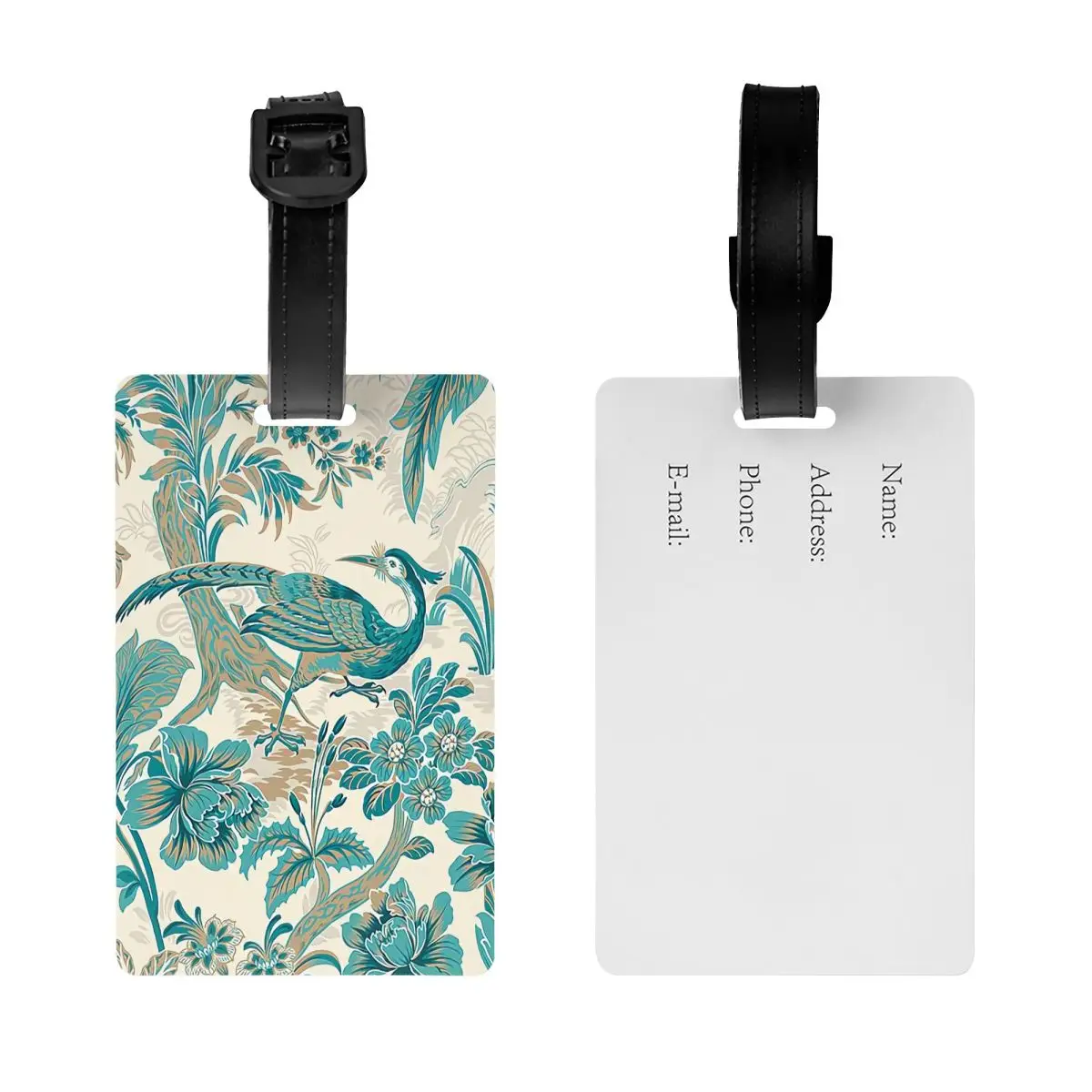 Custom Peacock Blue And Metallic Bird Toile Luggage Tag Toile De Jouy Motif Pattern Suitcase Baggage Privacy Cover ID Label