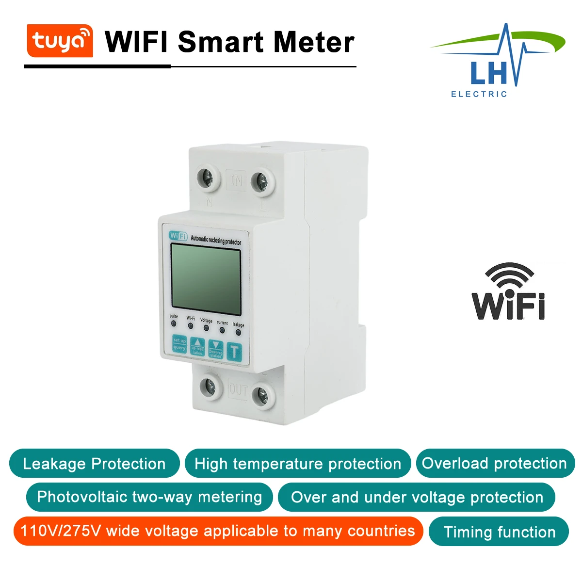 2P 63A TUYA APP WiFi Smart Circuit Earth Leakage Reclosing Over Under Voltage Protector Relay Switch Breaker Energy kWh Meter