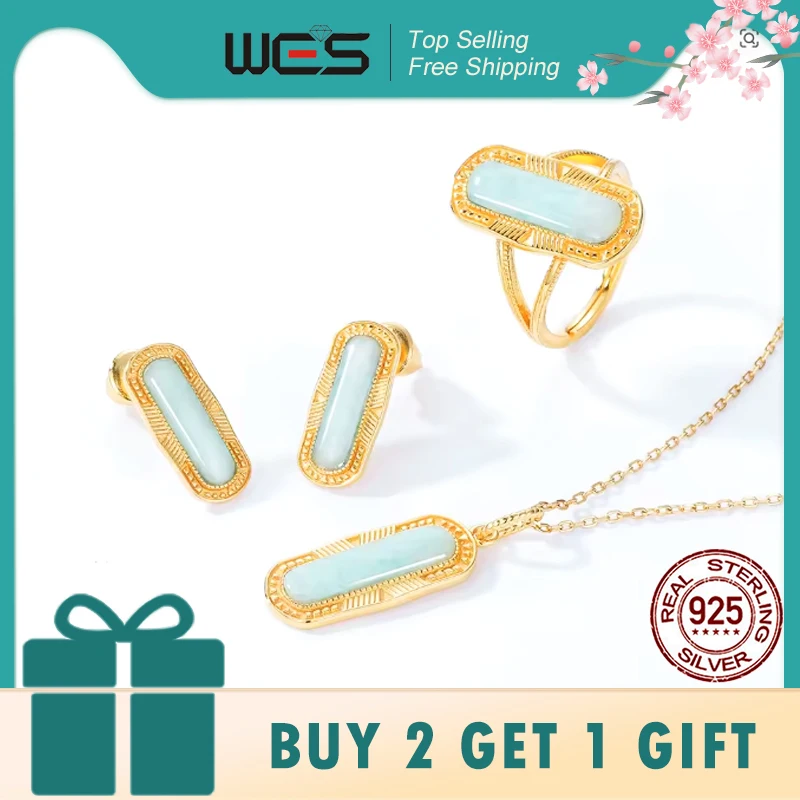 

WES 925 Sterling Silver Amazonite Vintage Jewelry Set for Woman Natural Gemstone Ring Engagement Gift Wholesale Retro Style