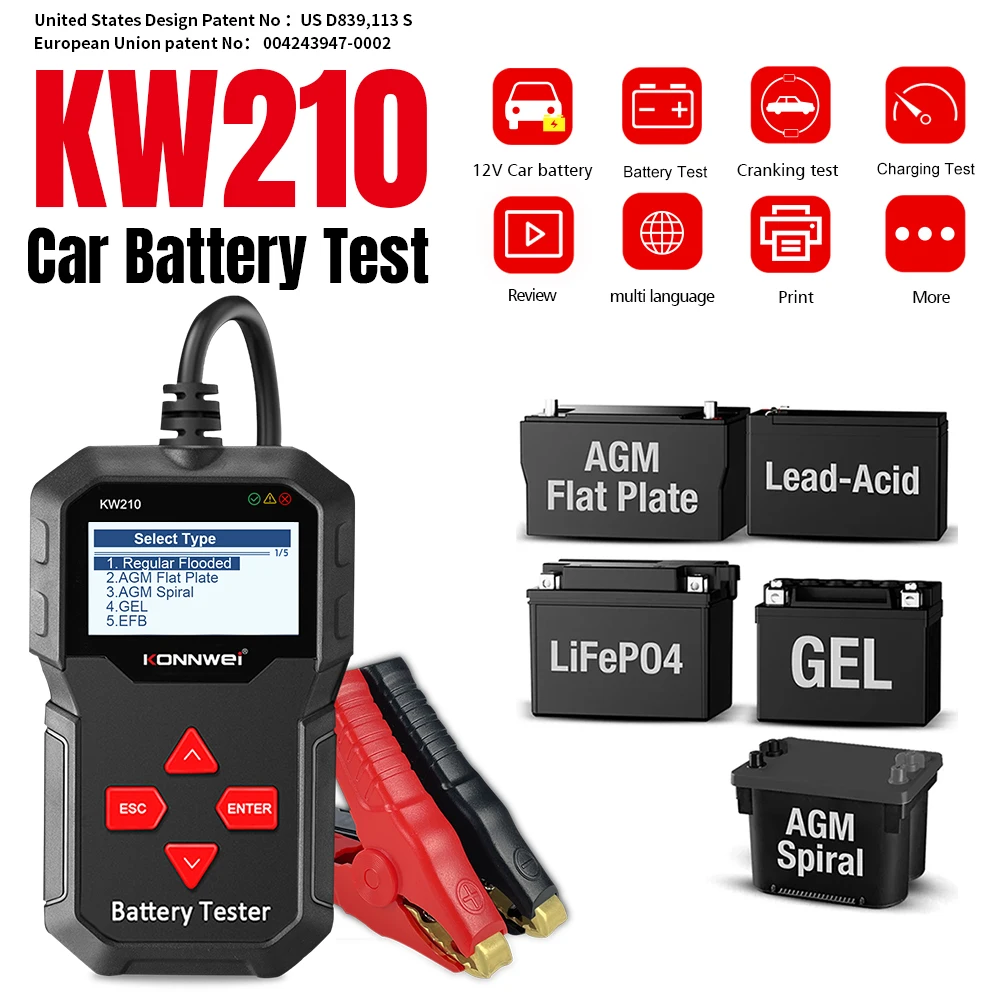KONNWEI 12V Car Lead-Acid Battery Tester Battery Data Analysis Charging Test Reader Fault Data Printing Car Battery Scanner